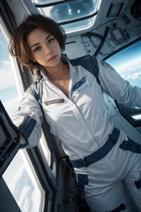 female space pilot is floating, wearing shirt, window has view of space, space ship, ceiling, floor, plants,