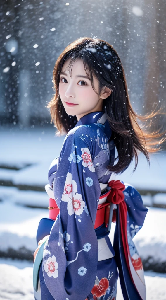 ((Kimono))、(full body Esbian)、(top-quality,​masterpiece:1.3,超A high resolution,),(ultra-detailliert,Caustics),(Photorealsitic:1.4,RAW shooting,)Ultra-realistic capture,A highly detailed、 Skin texture is natural、25-years old、The skin looks healthy with an even tone、 Use natural light and color、One Woman,japanes、A dark-haired,Middle hair,、(Falling snow:1.1)、(Hair swaying in the wind:1.3)、(Snow reflects light)、Light in the eyes、Looking at the camera