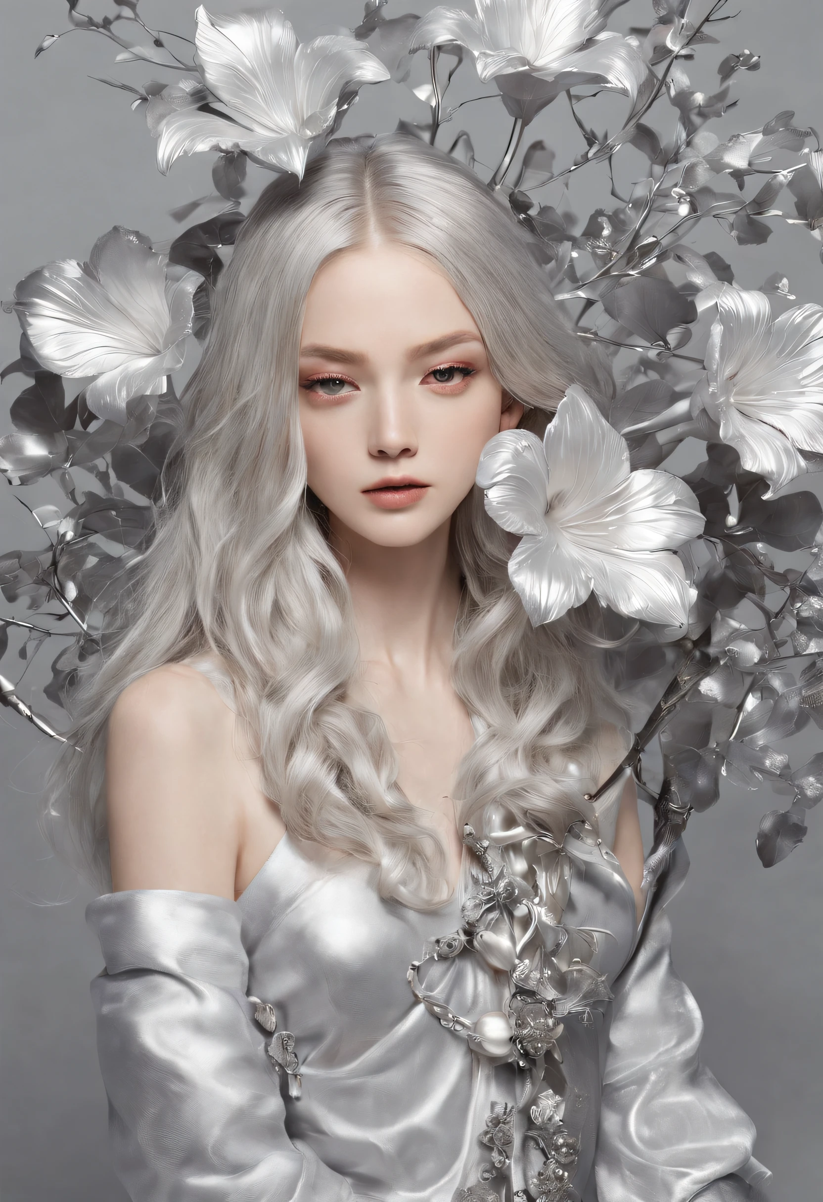 masutepiece、best composition、Photorealsitic、A hyper-realistic、Metal Flowers、Born from the beautiful bud of God、Beautiful goddess with long silver hair。, Huge, metallic flower.