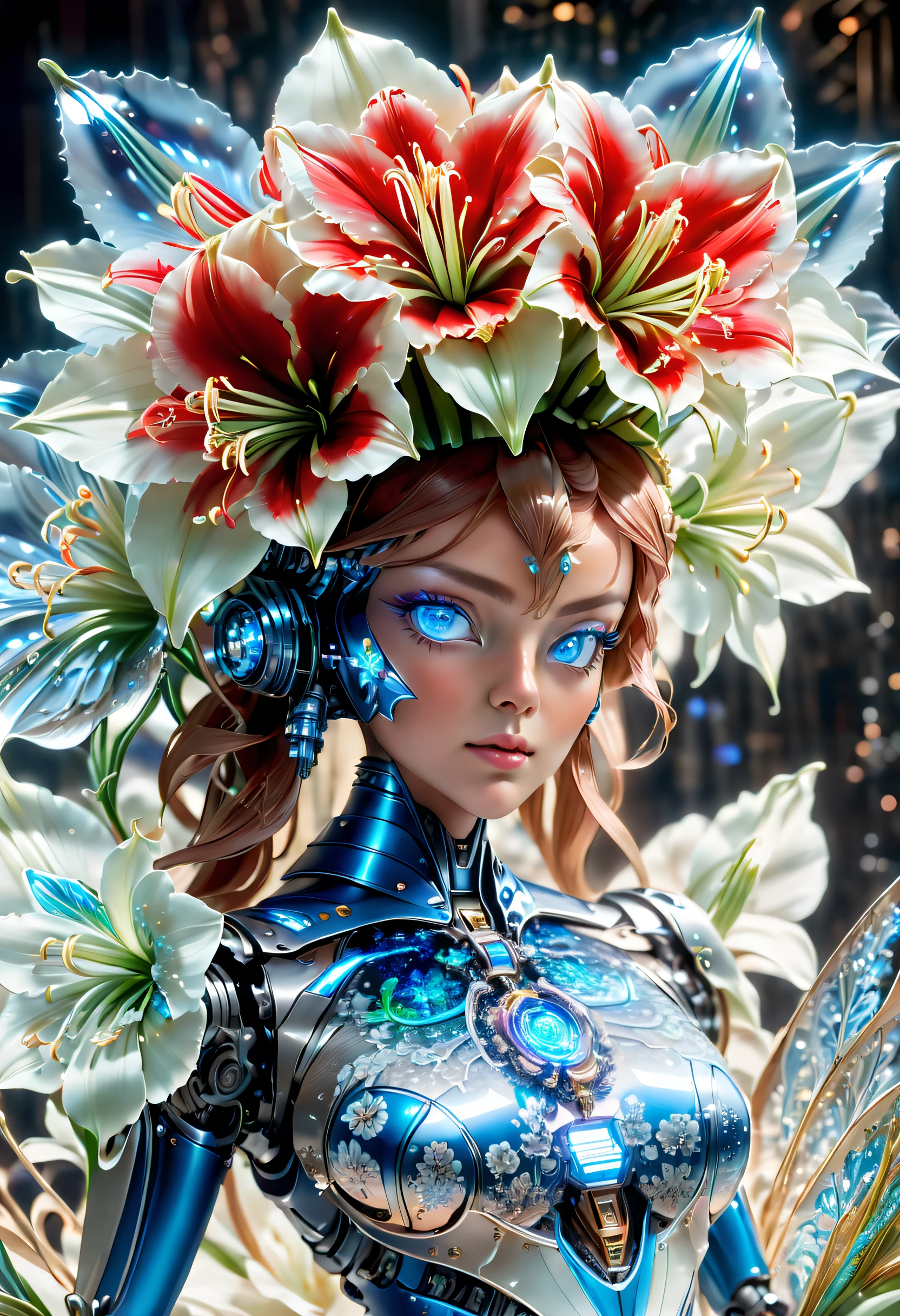 (Best quality, 8K, A high resolution, tmasterpiece: 1.2), ultra - detailed, Cybertron Star， (Amaryllis flower made of future transparent Vibranium: 1.3), (Medium shot, fully body photo: 1.5), Colorful neon lights, High-tech mechanical parts, Metallic body, Detailed flower design, blooming in blue and white porcelain, Bright colors, Dynamic glowing flowers, Reflective metal surface, Bright environment, dynamicposes, Delicate existence, Technological progress, Interlocking mechanical gears, Stylish design, motion blur effect, Meticulous craftsmanship, sci-fi vibes, Streamlined aerodynamic shape, Laser scanning pattern, holographic projections, LED light track, beautiful and unforgettable, Advanced sensors, complex algorithm, Ominous and mysterious atmosphere, electric sparks, Shiny chrome, Propulsion systems of the future, BJ_Gundam