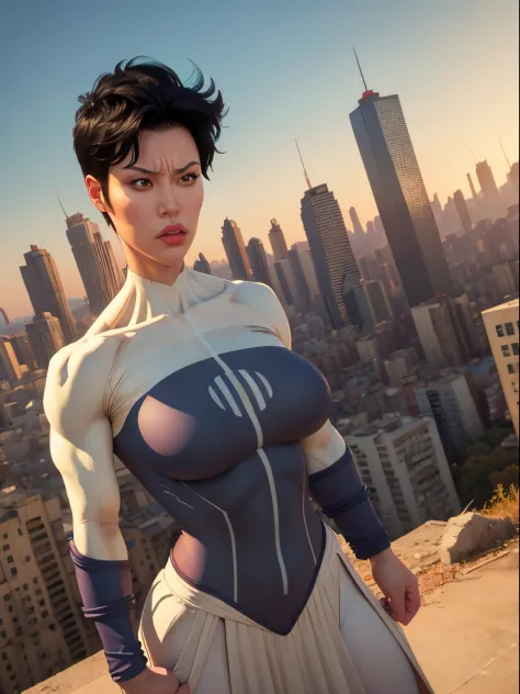 masterpiece, best quality, 1girl, anissa, solo, black hair, short hair, huge breasts, muscular, bodysuit, hands on hips, destroy...