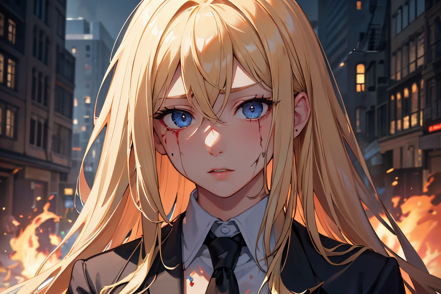 masterpiece, best quality, 1girl, blonde hair, blue eyes, suit and tie, ripped clothing, covered in blooding, messy face, sad, destroyed building, burning building, fire, detailed eyes, detailed facial features, realistic and high resolution (best quality, 4k, 8k, highres, masterpiece:1.2).