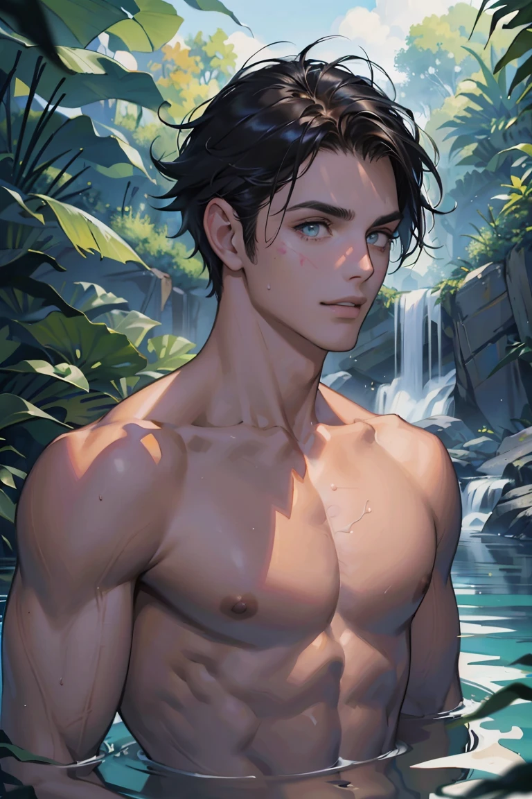 (tmasterpiece, high resolution, ultra - detailed:1.0), (1 young boy, young male), perfect male body, (adult male elf:1.3), delicate eyes and delicate face, extremely detailed CG, Bblack hair, Unity 8k papel de parede, Complicated Details, face detailed, (silver eyes, eye looking to camera, sorriso sexy, seductiveexpression, eyes half closed, short and messy hair, half a body in the water, topless, Bath, wet hair and body), plein-air, flowers and trees, waterfall, portraite, color difference, Depth of field, dramatic shadow, ray tracing, best quality, Cinematic lighting, offcial art,