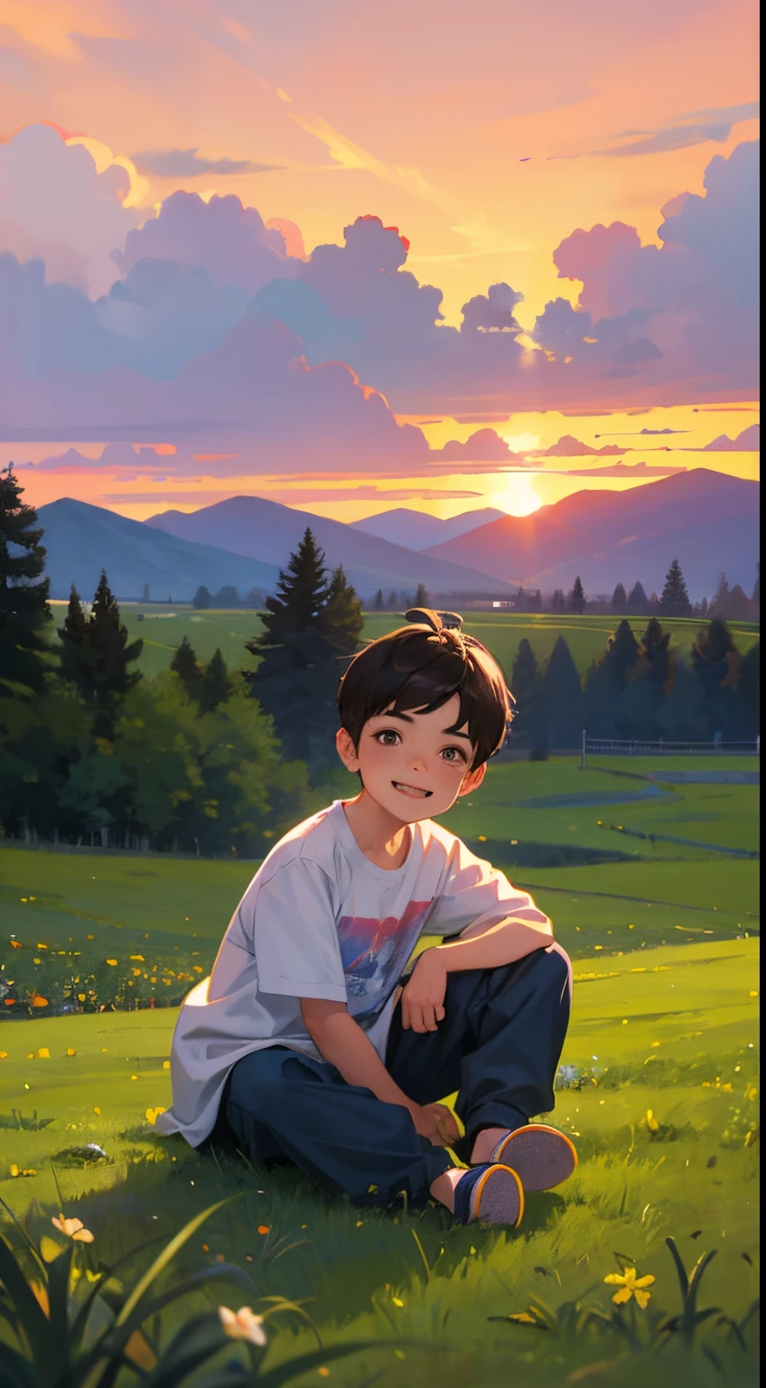 一个快乐的小男孩，穿着休闲服装，穿拖鞋，坐在草地的岩石上，背景是村庄，旁边有一只可爱的小狗，日落与日落，面对镜头，全身照片，超高清