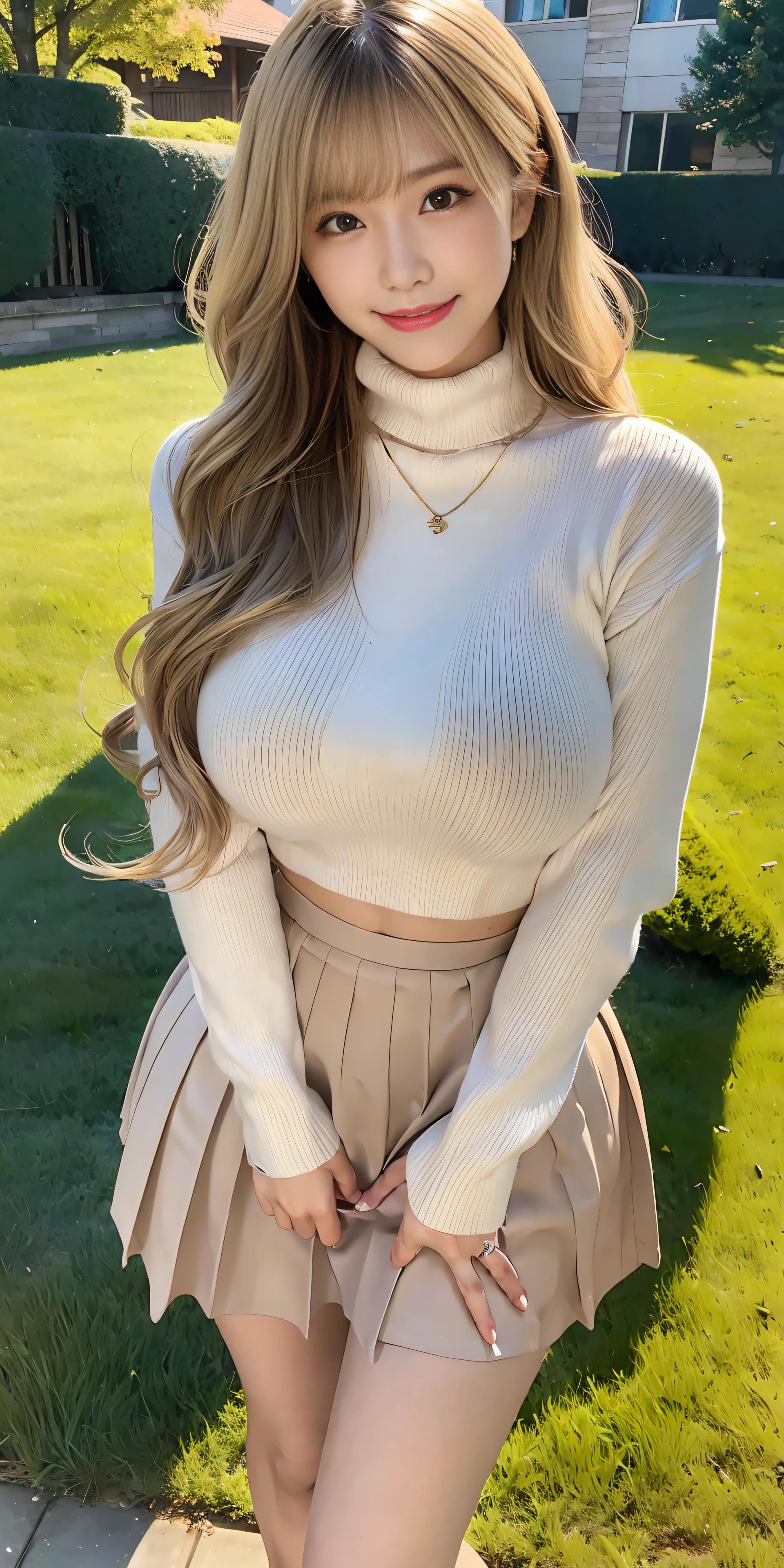 A woman in a skirt and turtle neck sweater posing for a picture - SeaArt AI