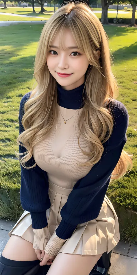 23 y-o woman, Long dark blonde wavy hair、Beige turtleneck sweater, Puffy nipple、long pleated skirt of dark blue color,Medium milk, cute smile face、(Emphasize the chest by slouching)、、Beautiful necklace、Black High Heels、Sexy lace panties、Visible shot of the...
