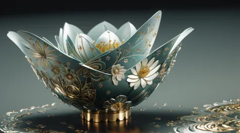 Best Quality, 8k, Masterpiece: 1.2, Ultra-Detailed, Realistic:  Metal Water Lily Flowers (Shiny Petals, Delicate Crafts, Detaile...