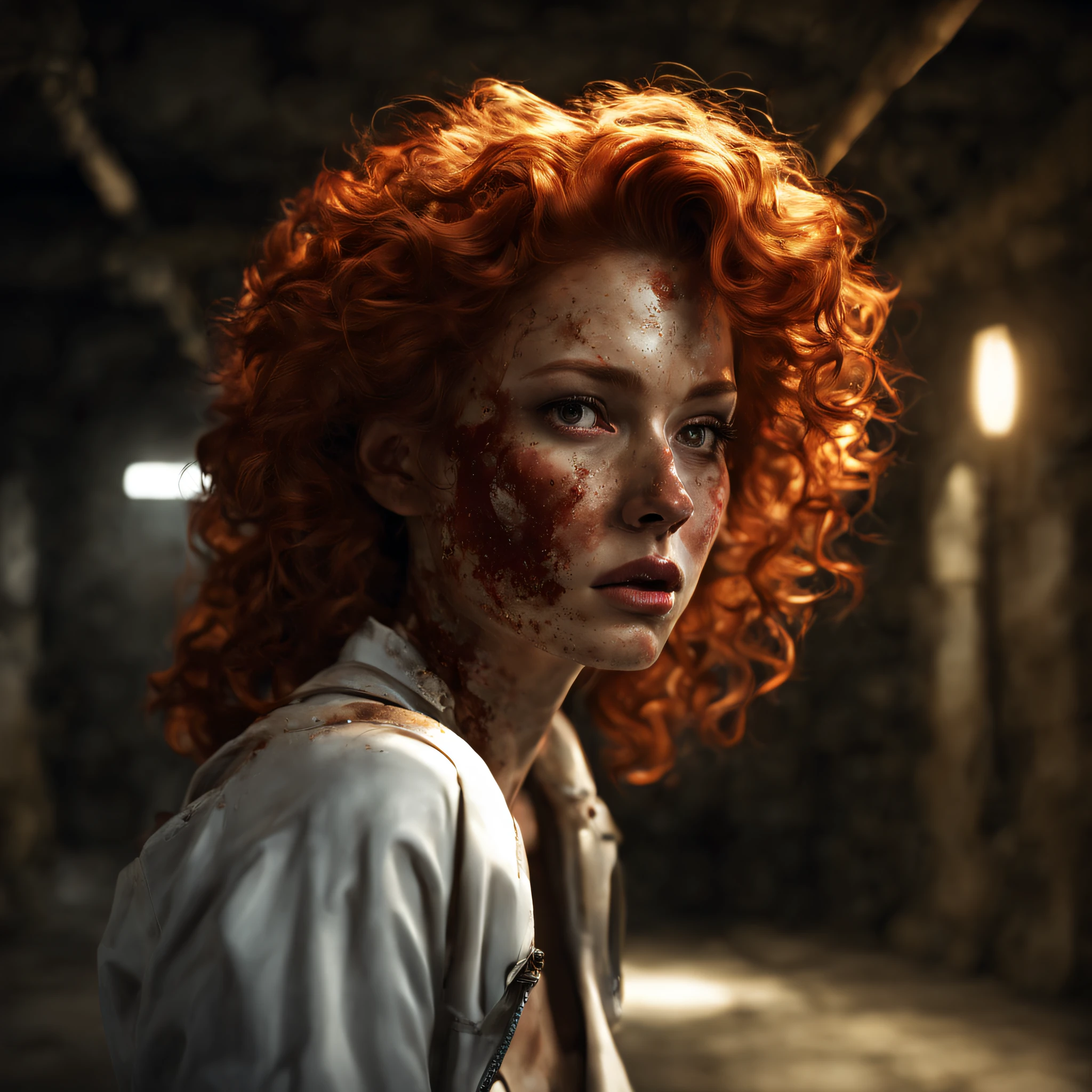 a close (((mechanical woman with engine oil stains on her face))), with a fearful expression, with red curly hair, in white clothes, with jeans with women's straps, in a (((old basement))) and dark with black shadow, and an aurora light illuminating the woman's face, 3D style, hyper realistic, detailed, 8K, with frontal position, black engine oil stain, full of grease.