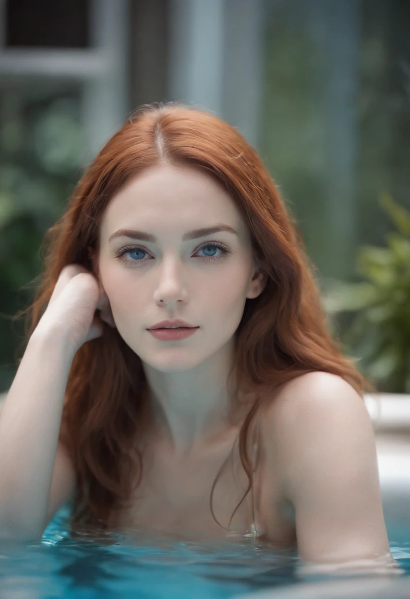 in a pool, colorful effects in the background, office attire, blue bodysuit, flowing hair, light grey eyes, thin waist, beautiful redhead, flowing, (masterpiece), ((highest quality)), (super detailed), woman 23 years old, clean and detailed face, textile shading, perfect anatomy, swimming