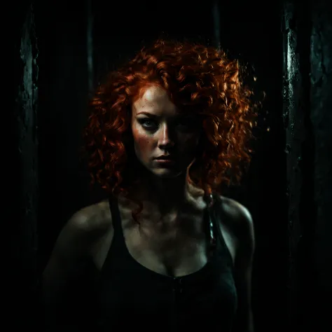 a woman in the front position with curly red hair with an expression of terror, stained with black oil, in a dark basement, with...