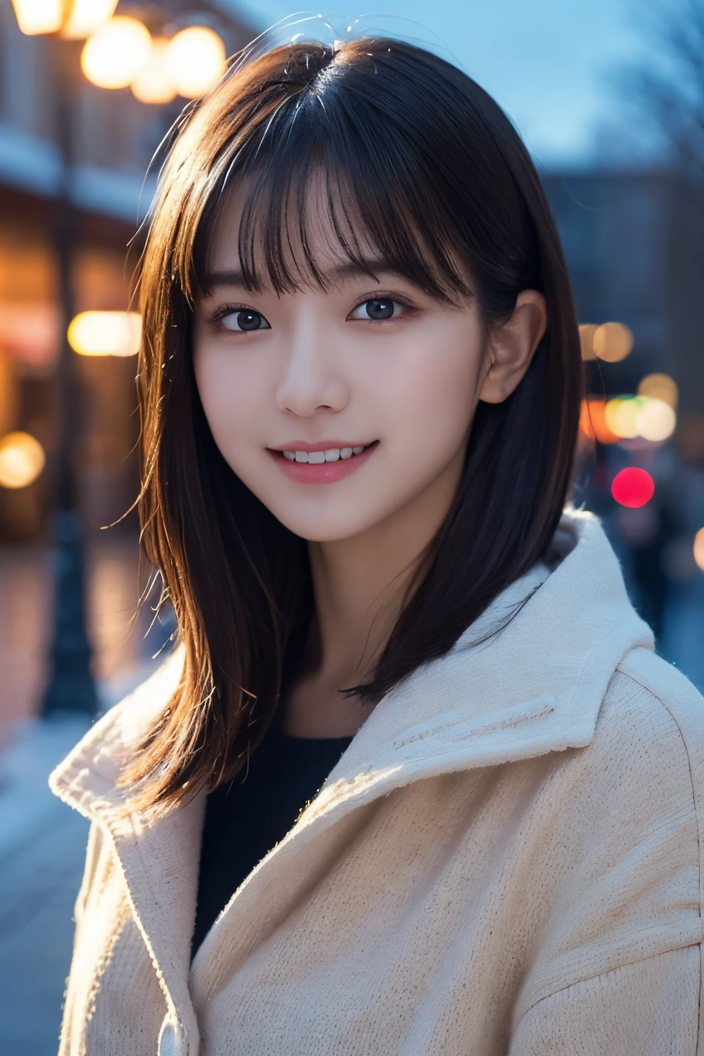 1girl in, (Winter Outfit:1.2), (Raw photo, Best Quality), (Realistic, Photorealsitic:1.4), masutepiece, Extremely delicate and beautiful, Extremely detailed, 2k wallpaper, amazing, finely detail, the Extremely Detailed CG Unity 8K Wallpapers, Ultra-detailed, hight resolution, Soft light, Beautiful detailed girl, extremely detailed eye and face, beautiful detailed nose, Beautiful detailed eyes, Cinematic lighting, Winter Night View, illuminations, Perfect Anatomy, Slender body, short-hair, Smiling