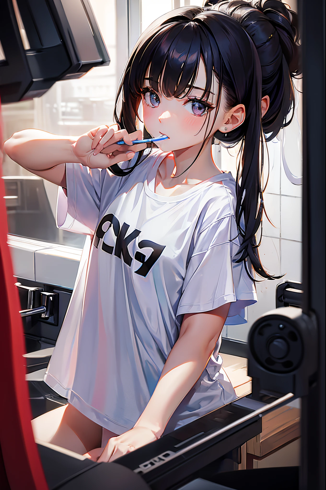 Anime girl brushing her teeth in a kitchen with a red chair - SeaArt AI