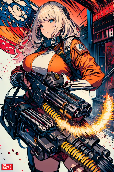 masterpiece, top quality, best quality, official art, beautiful and aesthetic,
1girl,gatling gun,  shell casing, looking at view...