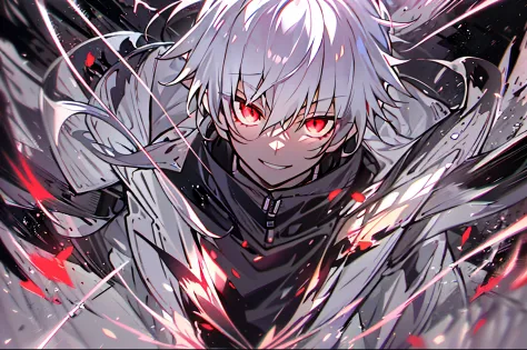 hight resolution,close range、Anime boy with white hair and red eyes staring at camera, Glowing red eyes,slim, dressed in a black...