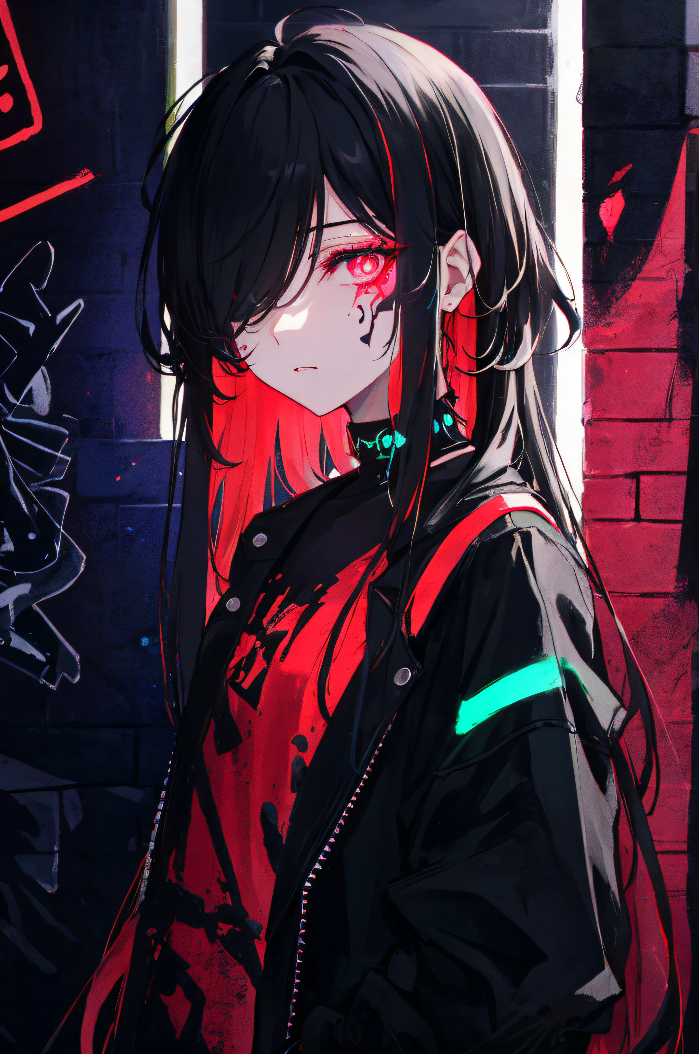 Anime girl with black hair and red eyes standing in front of a graffiti ...