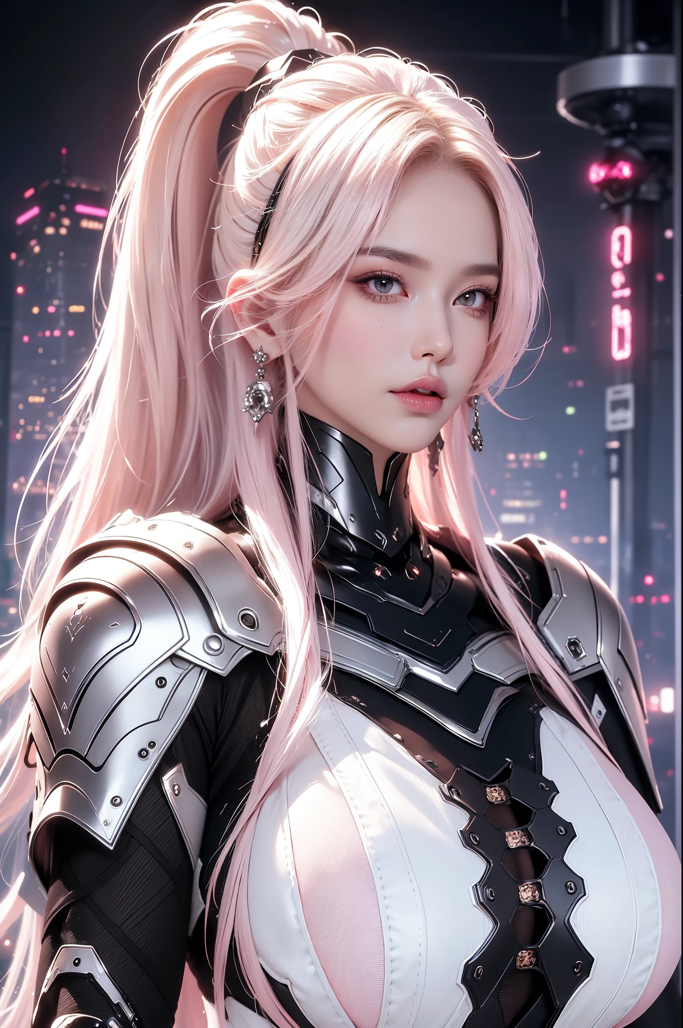 (masterpiece), best quality, expressive eyes, perfect face, beautiful details face, beautiful round eyes, upper body, A beautiful mature woman in cyber armour suit shows her Extremely busty and attractive breasts, (arrogant face), (platinum pink hair), (high ponytail, expressive hair, shiny hair, glowing hair, multicolored hair, gradient hair, colored inner hair, straight hair, medium long hair), fair skin, (beautiful detailed full bodysuit:1.3), (full body cyber armour), glowing and shining armour, silver and pink cyber armour, (Edge lights:1.3), (silver and pink colour scheme:1.3), neon light on armor, beautiful details eyes, (pink eyes:1.3), (glowing eyes:1.2), (Gigantic saggy breasts:1.6), thick body, (well accentuated curves), pink lips, (silver nails), mascara, Long eyelashes, eyeliners, (Extremely wide well defined hips:1.3), (beautiful massive thick thighs:1.3), slender figure, (Extremely detailed skin texture:1.2), beautiful detailed realistic muscle definition, golden lights that shimmer, high detailed eyes, ultra-high quality model, proportionate, intense colouration fantasy, (background fantasy floating cyber city), pink and gold tetradic colours, earrings, (1girl), solo, shine