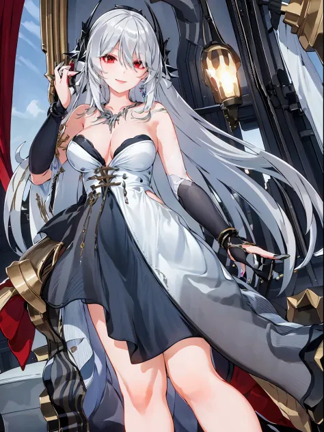best quality, masterpiece, 1girl, solo, silver hair, long hair, red eyes, breasts, very long hair, hair between eyes, smile, looking at viewer, Hades, yuanpi