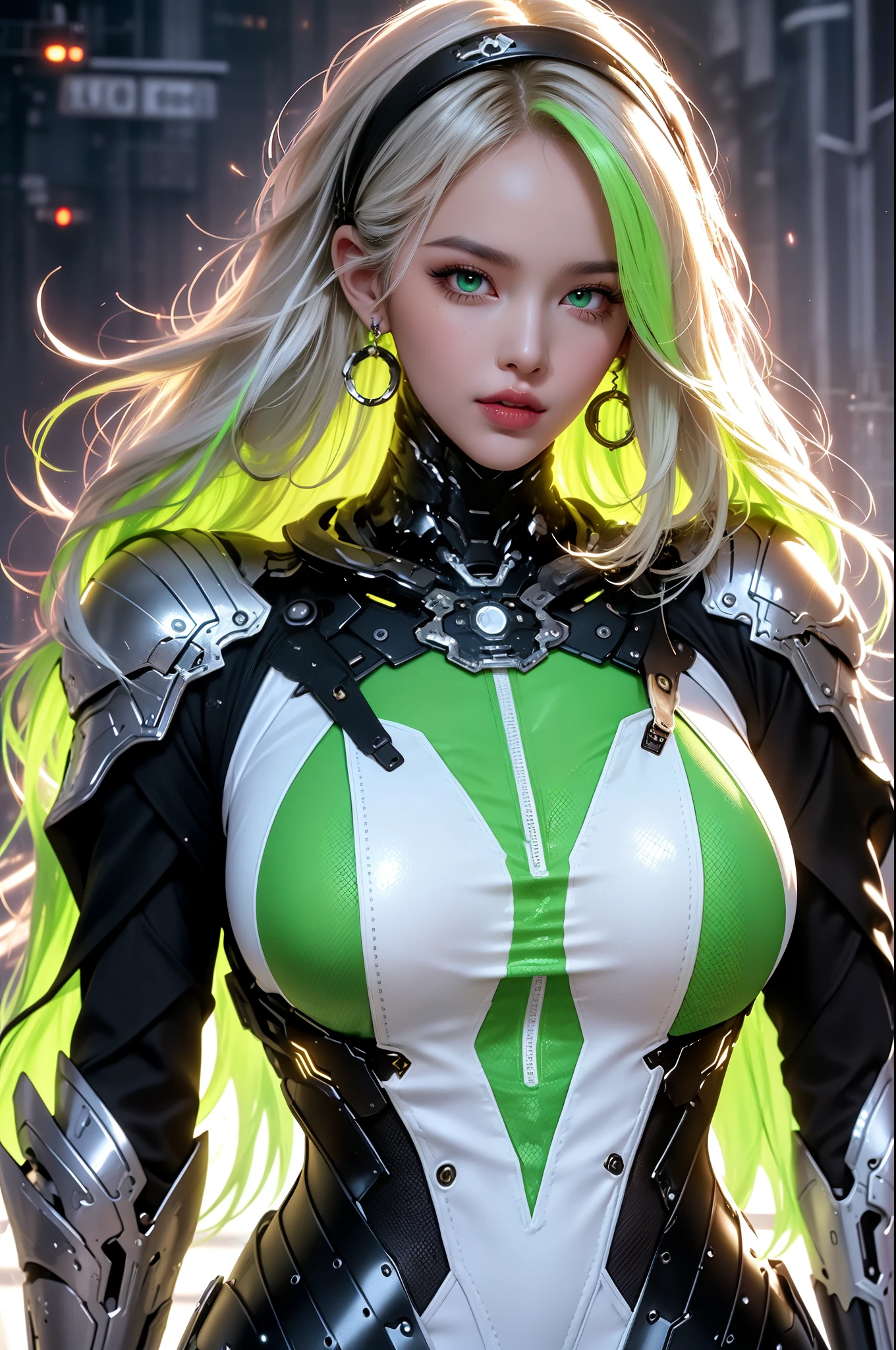 (masterpiece), best quality, expressive eyes, perfect face, beautiful details face, beautiful round eyes, upper body, A beautiful mature woman in cyber armour suit shows her Extremely busty and attractive breasts, (arrogant face), (light green hair), (twintails, expressive hair, shiny hair, glowing hair, multicolored hair, gradient hair, colored inner hair, straight hair, medium long hair), fair skin, (beautiful detailed full bodysuit:1.3), full body cyber armour, glowing and shining armour, silver and green cyber armour, (Edge lights:1.4), (silver and green colour scheme:1.3), neon light on armor, beautiful details eyes, (emerald eyes:1.3), (glowing eyes:1.2), (Gigantic saggy breasts:1.6), tight breasts, thick body, (well accentuated curves), pink lips, (silver nails), mascara, Long eyelashes, eyeliners, (Extremely wide well defined hips:1.3), (beautiful massive thick thighs:1.3), has a tall slender figure, (Extremely detailed skin texture:1.2), beautiful detailed realistic muscle definition, golden lights that shimmer, high detailed eyes, ultra-high quality model, proportionate, intense colouration fantasy, (background fantasy floating cyber city), green and gold tetradic colours, random poses, earrings, (1girl), solo, shine
