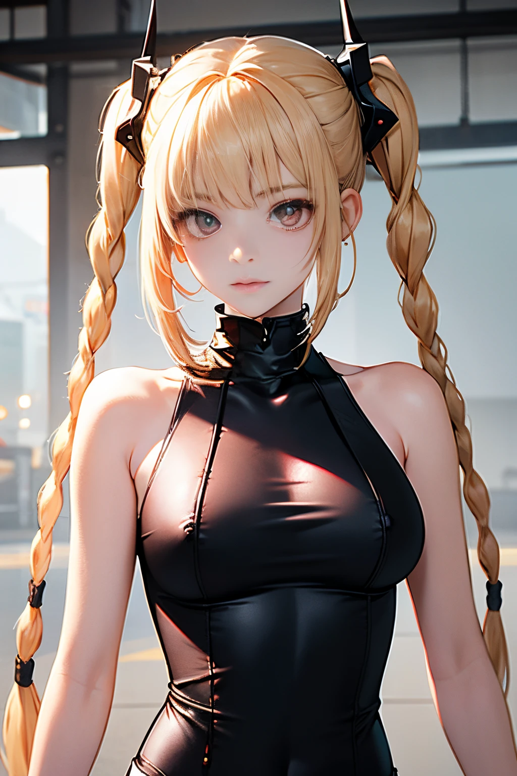 optimum，tmasterpiece，hight resolution，best qualtiy，hyper HD，super detailing，awardwinning，16K，solo，（The upper part of the body），anatomy correct，Beautiful Cyberpunk Girl，Cowboy Shot、cute  face，，a blond、Longhaire、Twin-tailed、Braids, Hairline，（（scarlet eyes）），long eyelasher，Hanging eye corners，White skin of the，((toppless)), (I can see my nipples), Sheer breasts, (I can see my nipples), Sheer breasts, radiant eyes、Rocket , （Slim body），
