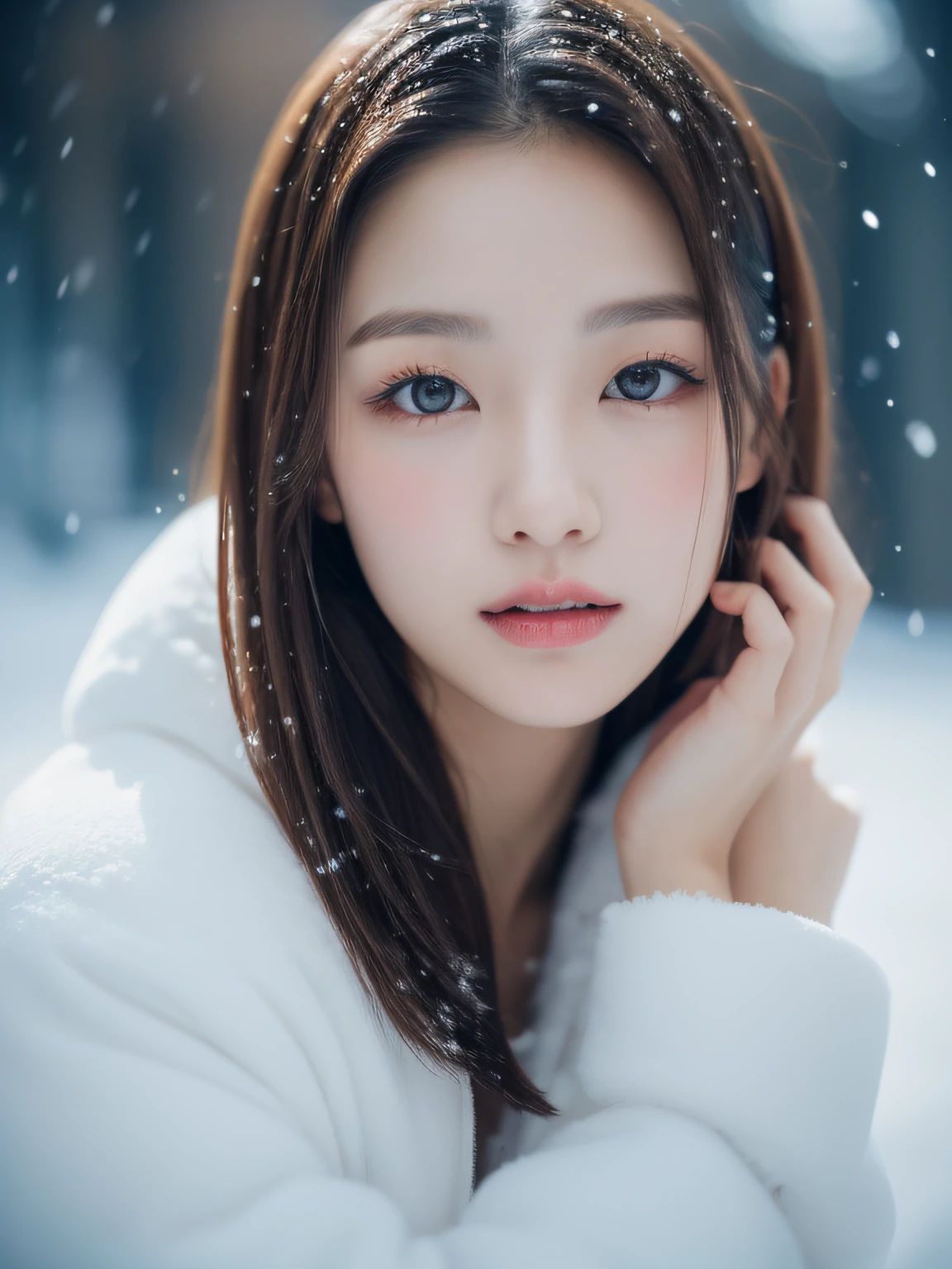 In the snowy city、Close up of woman posing for photo, Middle metaverse, Yoshitomo Nara, Japanese Models, Beautiful Asian Girl, With short hair, 2 4 years old female model, 4 K ], 4K], 2 7 years old, sakimichan, sakimichan
