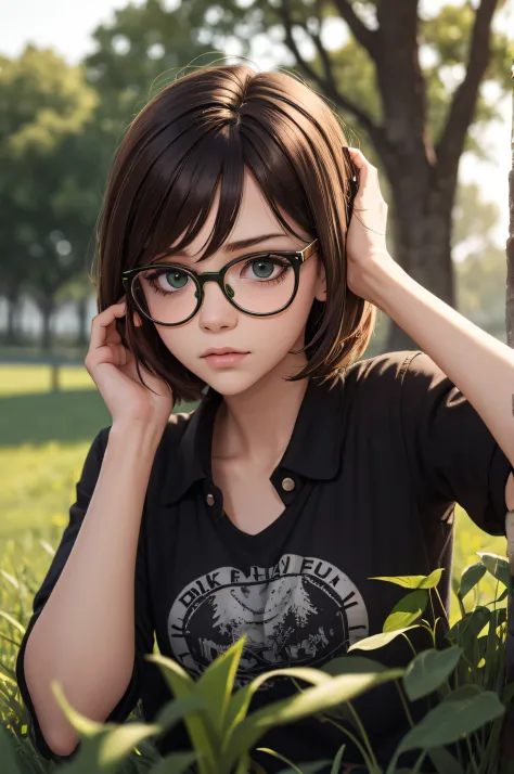 Punk girl with glasses and dark shirt, Blurred green grass and trees in the background, short brown hair, Detailed Face, circuit...
