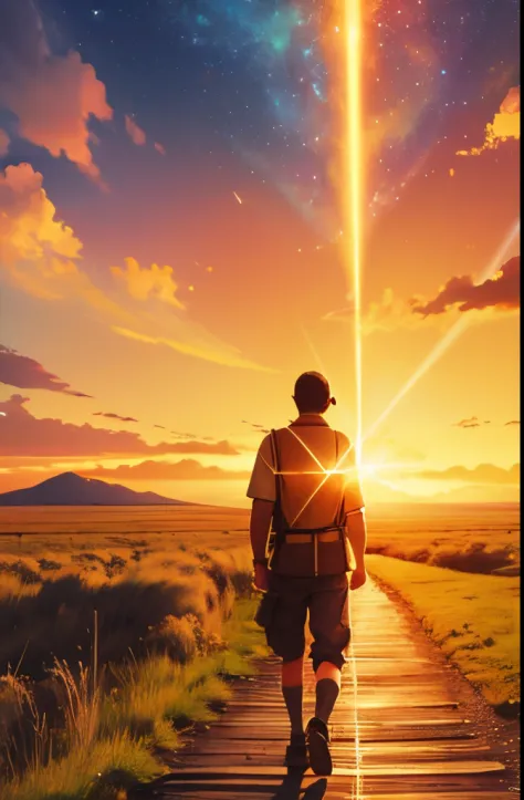 Captivating article cover design with a glowing trail stretching towards a celestial horizon, simbolizando el camino hacia el Re...