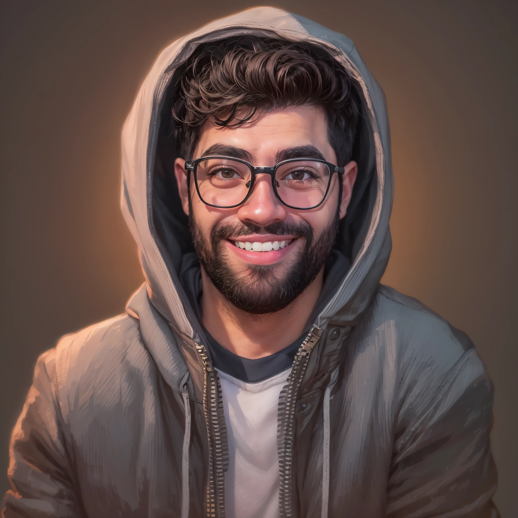 (Piva) Create a high-quality 2D cartoon portrait of a man wearing glasses and a hoodie, exibindo um sorriso alegre. Este retrato destina-se ao uso como NFT, uma imagem de avatar, uma foto de perfil do Discord, e um retrato de conceito de personagem para o streamer e jogador da Twitch conhecido como PivaArts. O retrato completo deve ser detalhado e capturar a personalidade e o estilo da PivaArts, Becoming a Statement Piece. The focus is on a character headshot portrait fit for a Twitch streamer.