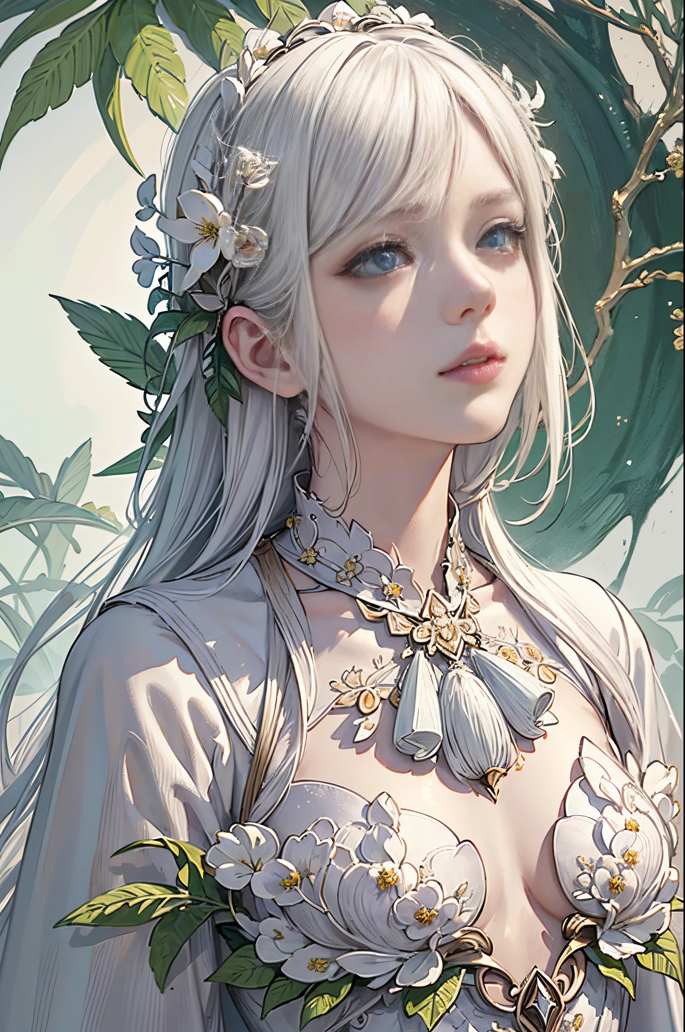 Trends on ArtStation, Trends on CGSociety, Intricate, High Detail, Sharp Focus, Dramatic, Realistic Art of Drawing by Midjourney and Greg Rutkowski, Sketch, Masterpiece, Best Quality, Very Detailed, 1girl, Half, Beautiful Meticulous Eyes, Cute Anime Face, Bust, Beautiful Meticulous Face, White Hair, (Botanical Illustration: 1.5), White Dress