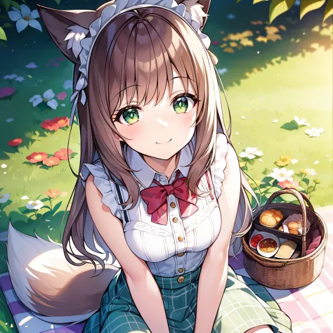 tmasterpiece, best quality at best, a high resolution), 1 girl, alone, oversized fox tail，brown hair long，green-eyed，small flowe...