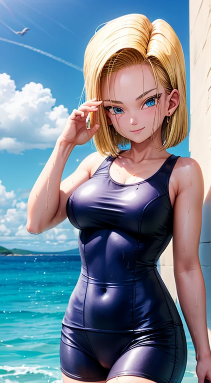 android 18, ( full body photo ), (wet blue swimsuit), (neckleace) Breasts huge, very seductive, seductively pose, smiling, fluffly, muito fluffly, Ultra High Definition, master part, ultra high-quality, ultra detailing, 8K,