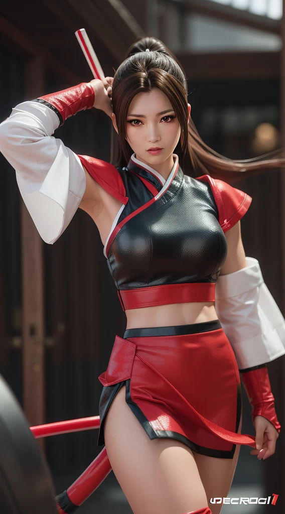 Mai Shiranui, (최고의 품질, 매우 상세한, 현실적인:1.37), 섬세한 얼굴, 상세한 얼굴, 화난 표정, 완벽한 몸, 매우 사실적인 질감, 초상화, 생생한 색상, 부드러운 조명