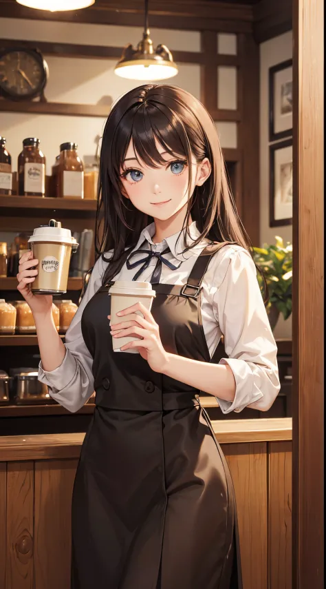 master piece,best quality,stylish western-style cafe,female clerk in café,cafe clerk uniform,detailed  clothes,carrying a coffee...