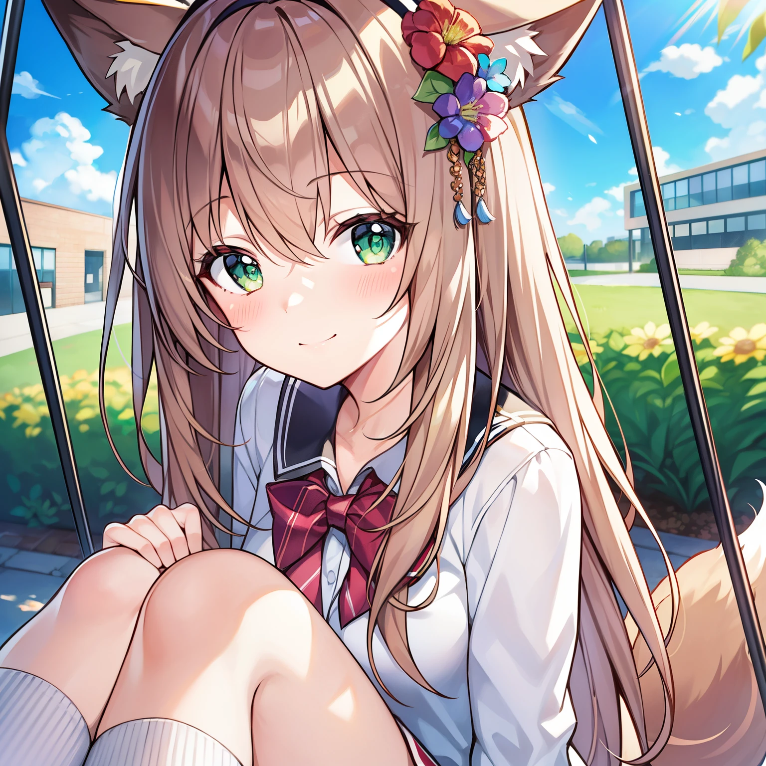 tmasterpiece, Best quality, A high resolution), 1 girl, Alone, Oversized fox tail，Long brown hair，Green-eyed，Small flower headdress, (13-year-old junior high school student)，modernn architecture，A MILF，at park_sitting on a swing，After school in the afternoon，summer student uniform，ssmile，Middle distance face-to-face perspective，