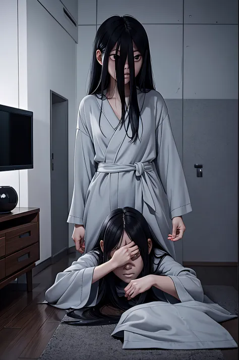 Sadako, soaking, wet robe, gray colored skin, Hair covers the face, sexy for.Sadako crawled out of the TV，A woman lying on the f...