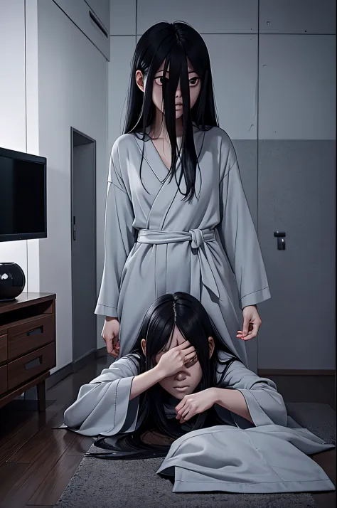 sadako, soaking, wet robe, gray colored skin, hair covers the face, sexy for.sadako crawled out of the tv，a woman lying on the f...