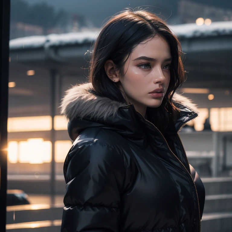 Sad beautiful woman, oversized silk navy blue puffer coat, grey sky, rain, tears on face, masterpiece, photorealistic, dynamic pose, dramatic, film grain, cinematic lighting, sunset, gazing into distance, wet hair, real rain, sexy, windy, despair