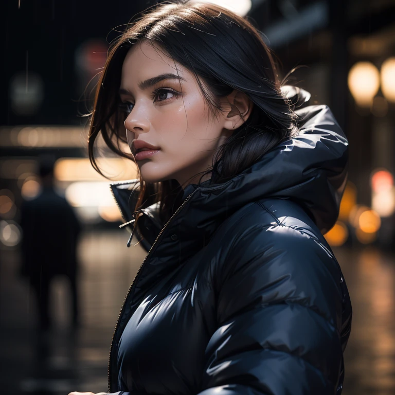 Sad beautiful woman, oversized silk navy blue puffer coat, grey sky, rain, tears on face, masterpiece, photorealistic, dynamic pose, dramatic, film grain, cinematic lighting, sunset, gazing into distance, wet hair, real rain, sexy, windy, despair