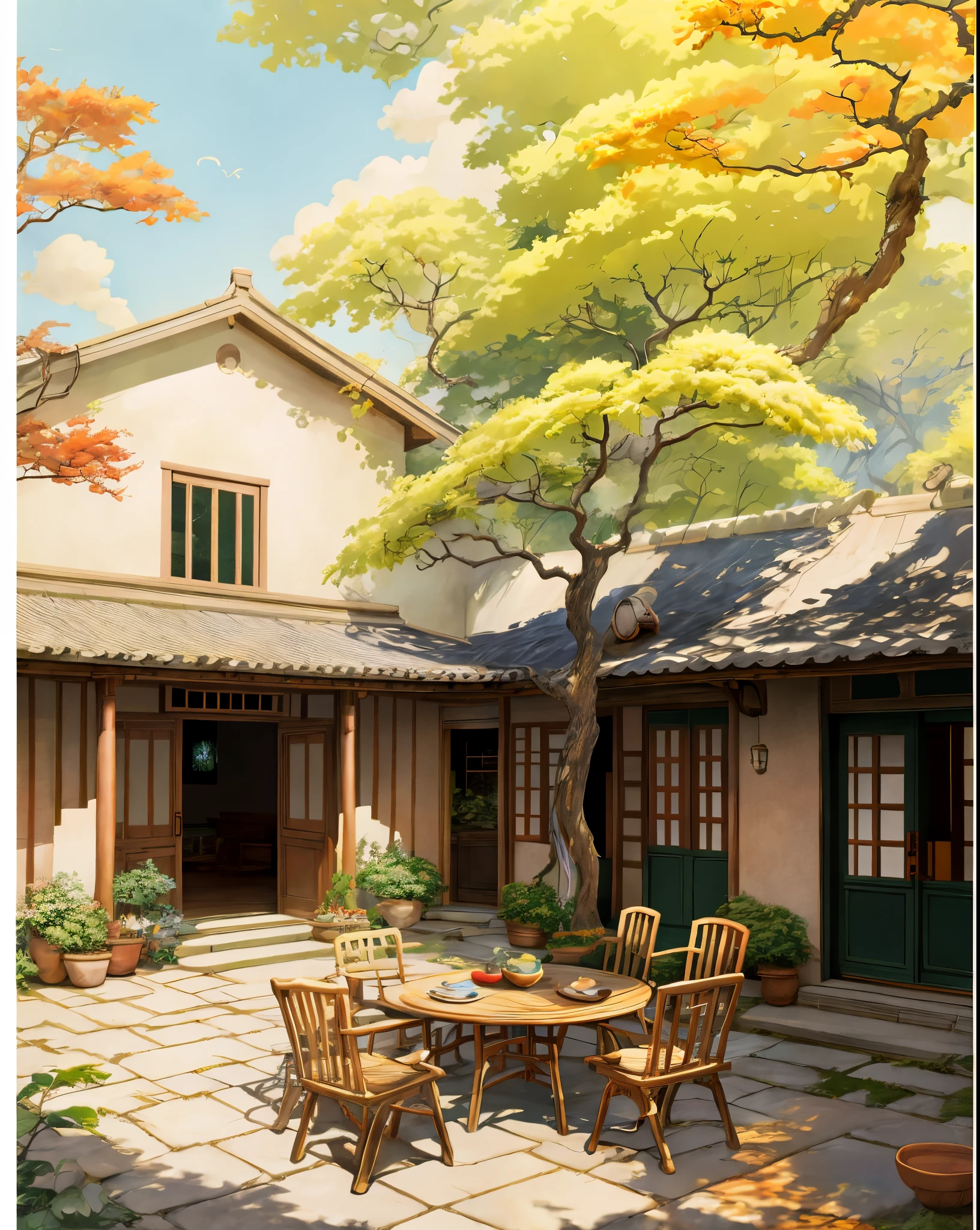 Draw a courtyard with tables and chairs and a tree, Chinese courtyard, the structure of the house is simple in Chinese, warm late autumn warm colors, tables and chairs in the yard, fruit plates on the table, flowers and plants around, beautiful artwork illustrations, landscape artwork, autumn, Zhou Chen, there is a persimmon tree, full of red persimmons, lens wide angle, far view, master works, anime background art, Studio Ghibli art, Studio Ghibli environment, beautiful digital painting, detailed scenery - width 672, Studio Ghibli style, Studio Ghibli Sunshine, beautiful digital artwork, painted by Ni Yuanlu, Studio Ghibli painting style