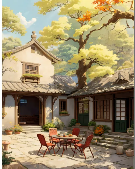 draw a courtyard with tables and chairs and a tree, chinese courtyard, the structure of the house is simple in chinese, warm lat...