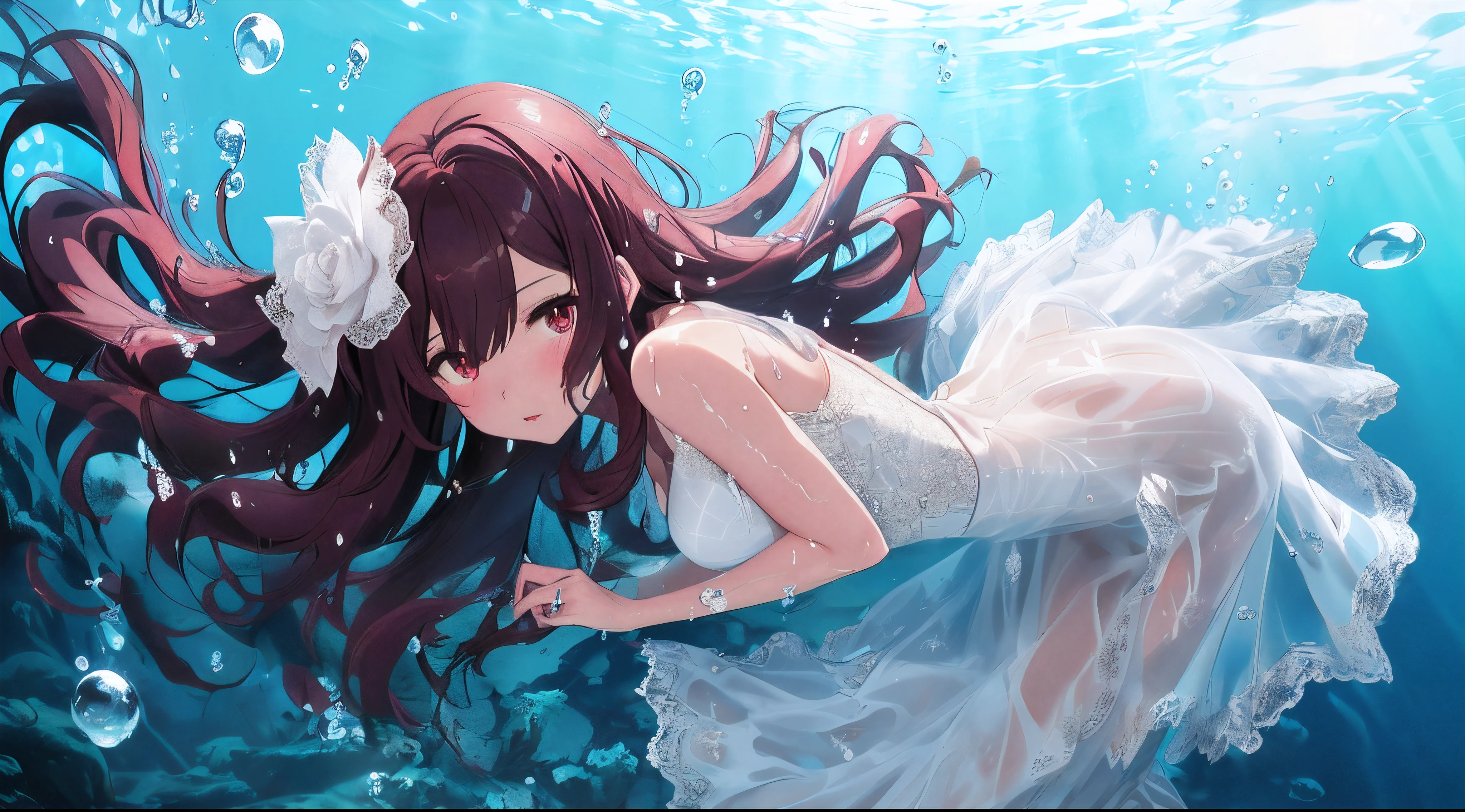 ((underwater photography, under water, underwater photo, In water, deep water,)), 8K resolution, Anime art wallpaper 4k, hd anime wallpaper,