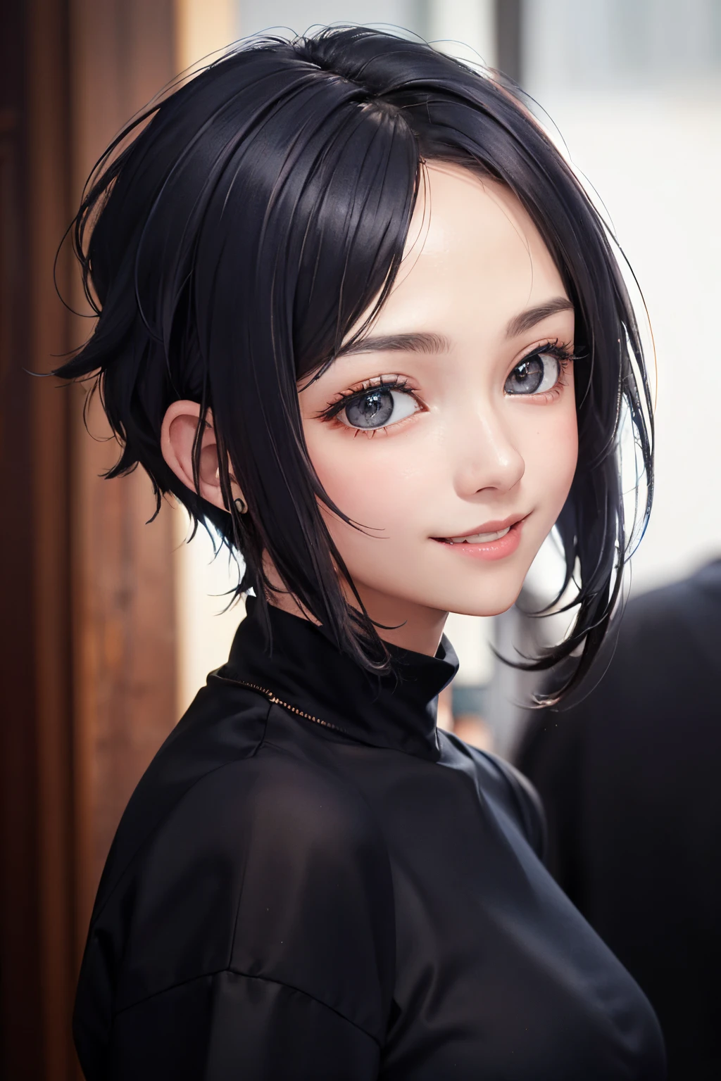 a 20 yo woman、Black blue Hair、Twin-tailed、Big smile、(hi-top fade:1.3)、dark themed、Muted Tones、Subdued Color、highly contrast、(natural skin textures、Hyper-Realism、Soft light、sharp)