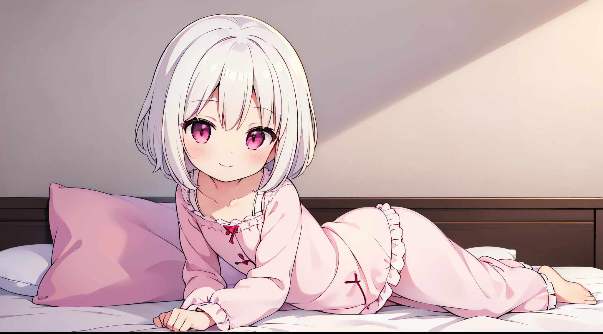 Chica anime acostada en la cama con almohada rosa y almohada. - SeaArt AI