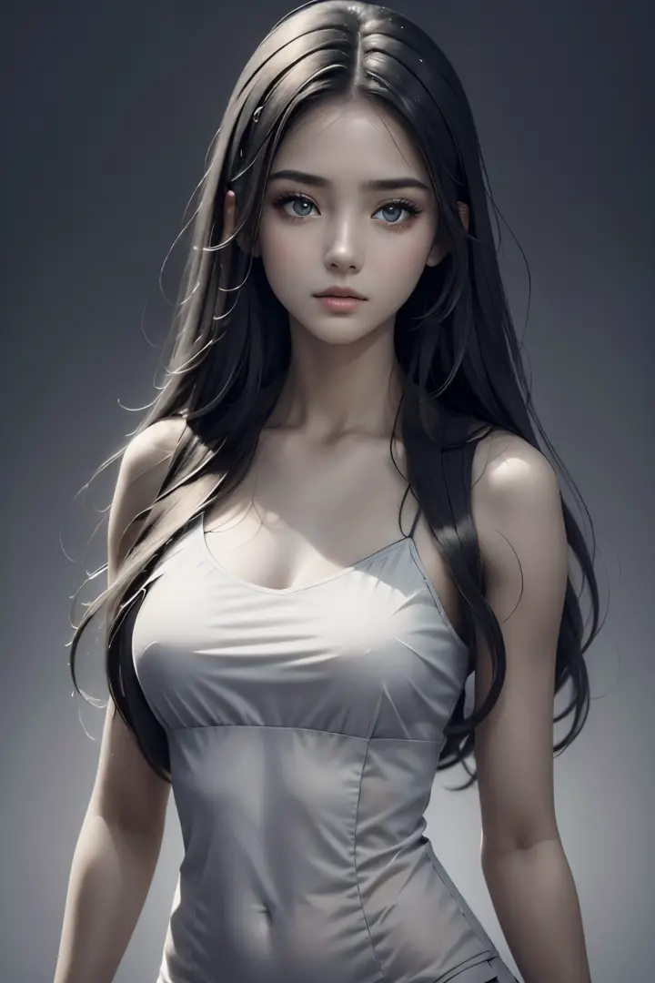 @(prompt) A girl with beautiful detailed eyes and lips, standing against a gray background, in a half-body shot. (best quality, ...