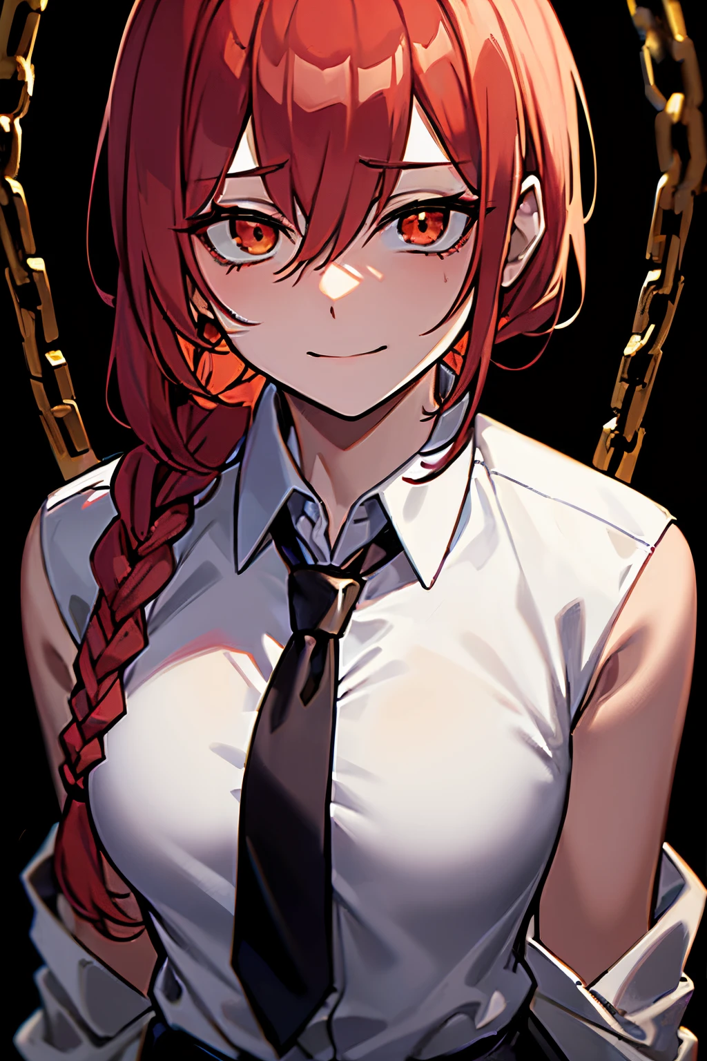 (Masterpiece), (Best Quality),Makima \(Chainsaw Man\), Best Quality, Ultra Detailed, One Girl, Solo, Standing, Red Hair, Long Braided Hair, Golden Eyes, Sexy, Tied Up \(Nonsexual\), Bangs, Middle Chest, White Longsleeve Shirt, Blood Stain On Shirt, Tie, Staring, Smile, (Evil:1.3), (Psycho), Look at Audience, (Interview:1.3), (Dark Background, Chain:1.4), Cinematic Light