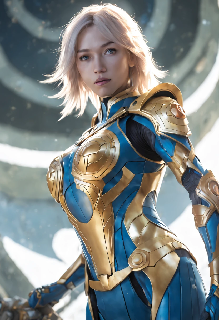 Eira, emerging as a promising space warrior from the planet Terra Nova. She shares the beauty, agility, and burgeoning warrior spirit of her older sibling. Eira is marked by her short, golden hair that cascades like a shooting star, and her bright, piercing blue eyes that mirror the youthful hope and potential she holds for the future. Her armor is the latest iteration of Terra Nova's technological evolution, form-fitting and designed to support her rapid development in both strategy and combat. The armor balances functionality with a sleek design, symbolizing her role as a new torchbearer of unity and a fresh face of discovery. The lighting should be gentle yet empowering, highlighting her fresh-faced but resolute expression, and the modern details of her suit. The background is a soft-focus glimpse of Terra Nova's landscape, representing the world she's training to protect. This image should radiate her fervent dedication to her planet and her people, capturing her essence as the nascent guardian nurtured by the Aegis AI, poised to meet the challenges of the cosmos alongside her sister