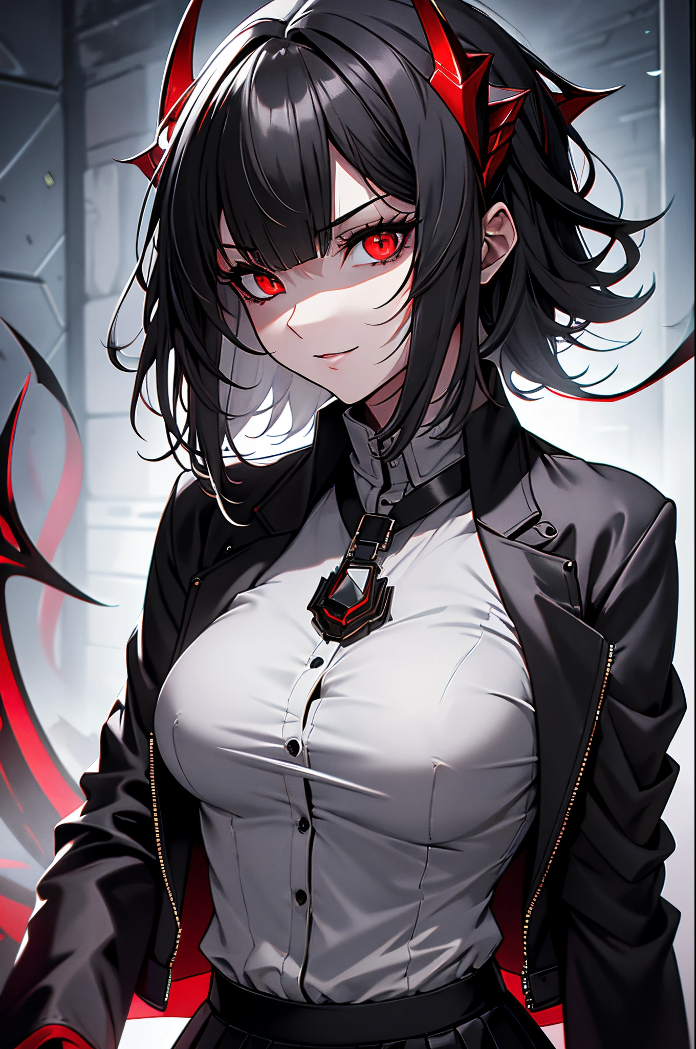 Anime girl with black hair and red eyes in a white shirt - SeaArt AI