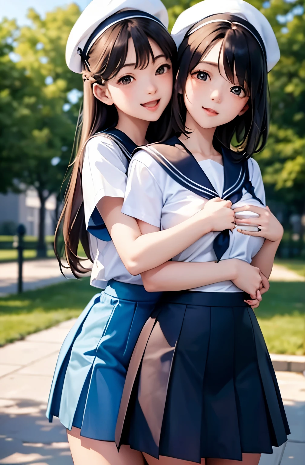 Two girls are playing and hugging each other from behind,,Cute junior high school girl like an angel,With a happy smile,Accurately drawn face,flat breast,tre anatomically correct,Precise fingers,A girl hugs another girl from behind and touches her breasts,,white mini sailor dress,White beret,They both wear matching clothes....,her skirt is pulled up、Blue pants are peeking out a little..,healthy,Active Poses and Angles,In a well-lit park,​masterpiece,hiquality,