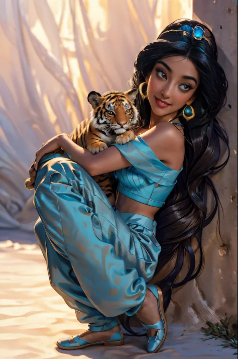 jasmine  holding 1 cute tiger.1girl, solo, looking at viewer, smile, shirt, bare shoulders, jewelry, sitting, full body,Disney t...