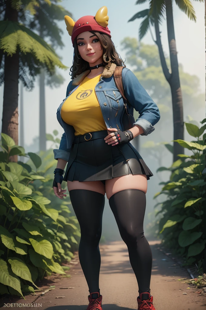 (8k, best quality, masterpiece:1.2), (realistic, photo-realistic:1.37), ultra-detailed, 1 girl,cute, solo, ,beautiful detailed blue eyes, medium wavy hair, standing in a jungle, , smiling, looking at viewer, ,light brown hair, black lips, black lipstick, full body view, , whole body shot, red hat, , , nsfw, choker, yellow shirt, denim jacket, black skirt,dark long leggings, black fingerless gloves, red sneakers, big breasts