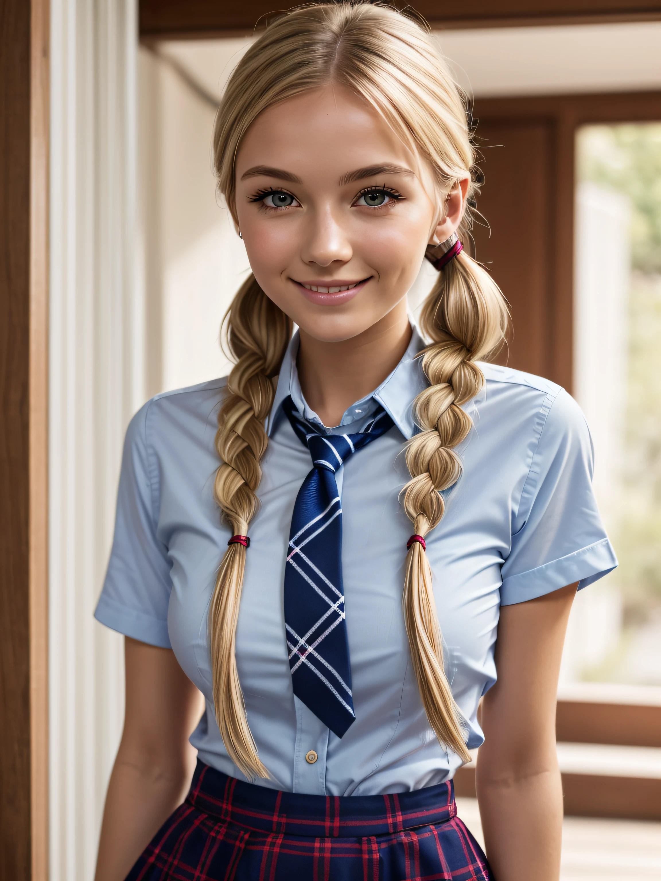 (Masterpiece), (Realistic), (best quality), (8K), ultra-detailed, UHD, RAW, Scandinavian (young) woman, very cute woman, extremely cute, innocent woman, tan:1.4, round, realistic blonde hair, braid pigtails, thin:1.3 arched eyebrows, realistic symmetric {blue:1.1} eyes, thin almond upturned eyes, round:1.6 cheeks, thin beautiful symmetric nose, small face, cheek dimples:1.4, arched chin, broad jaw,  150cm feminine body, wearing ({checkered_navy_blue_white}_micro_mini_skirt) and ({white}_shirt) and ({red}_mini_tie), flirting and smiling expression, teasing showing ass